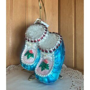 Christopher Radko Blue Baby Booties Glass Ornament Holiday Collectible Handcraft